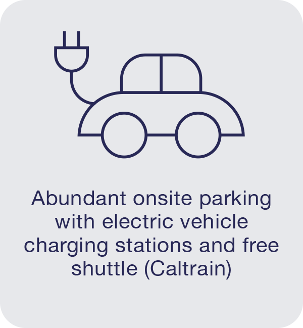 Abundant, zero-cost, onsite parking with electric vehicle charging stations and free shuttle (Caltrain)